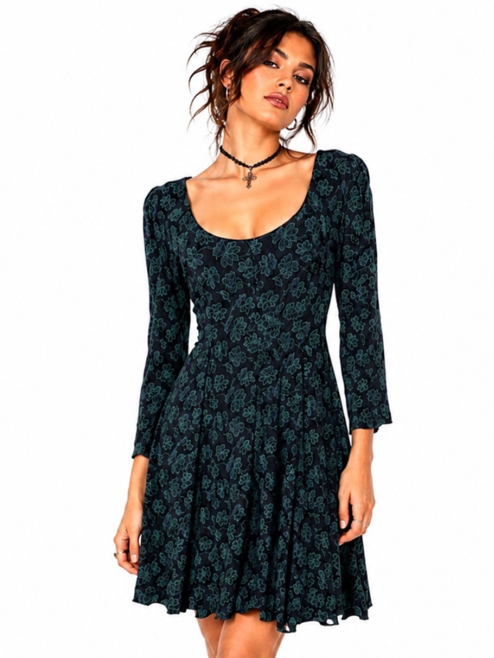 VINTAGE 90's Y2K Dark Romantic Babydoll Green Floral Scoop Neck LongSleeve Dress